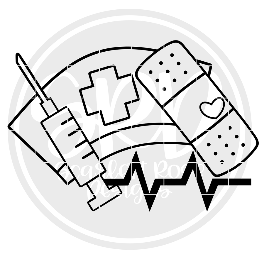 Medical - Band Aid, Shot, Med Hat - Coloring Page SVG