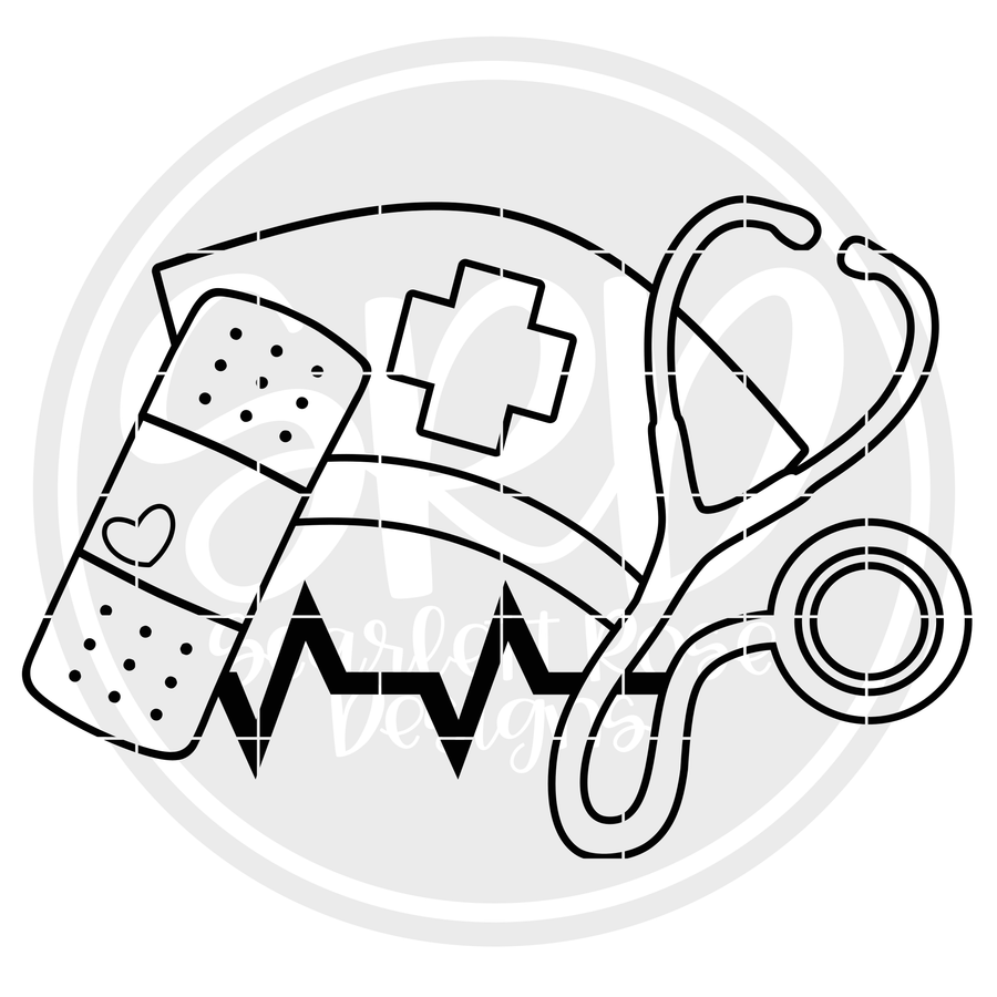 Medical - Band Aid, Stethoscope, Med Hat - Coloring Page SVG