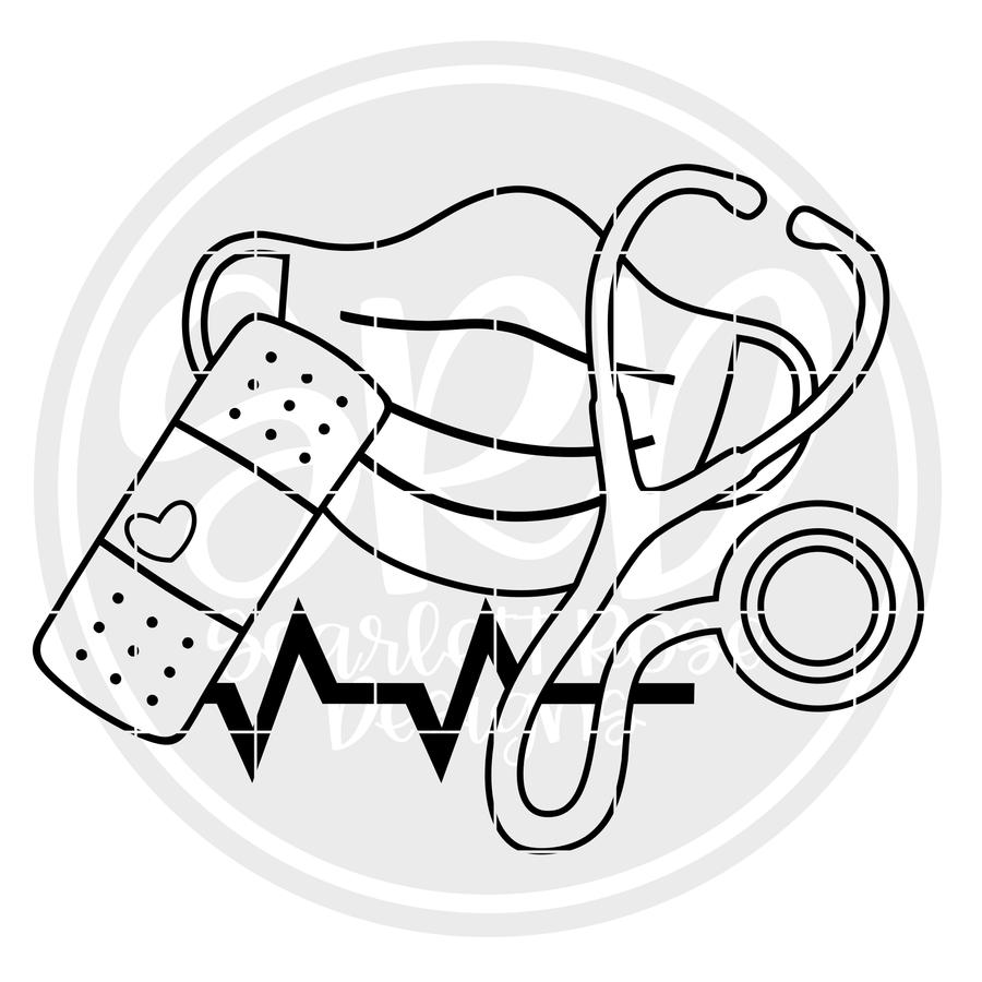Medical - Mask, Stethoscope, Band Aid - Coloring Page SVG